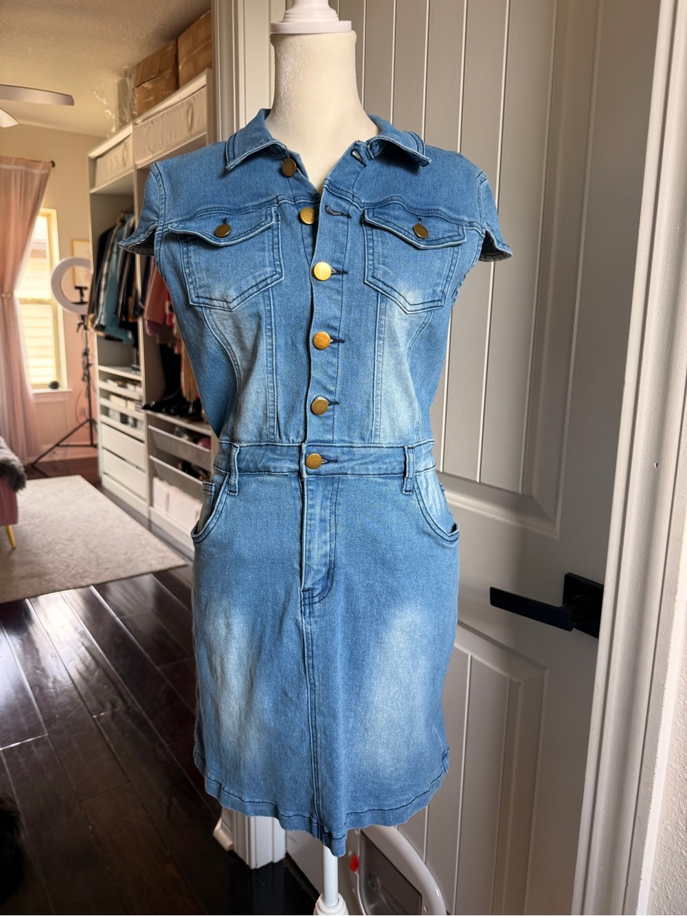 Light Blue Body Con Denim Mini Dress with Button Front
